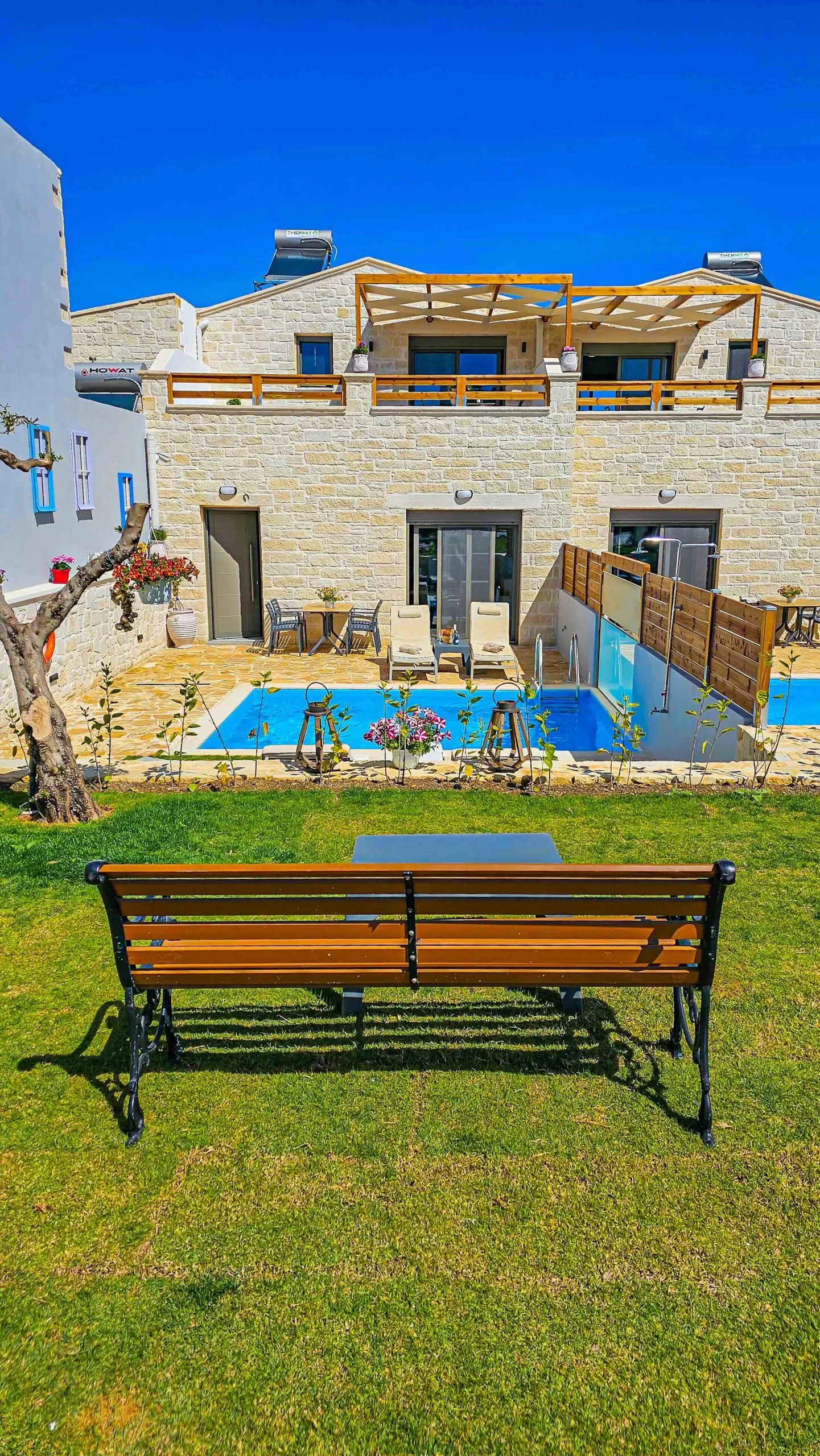 Frontal View of Sunflower villas . Traditional private villas in Agia Marina, Chania Grece